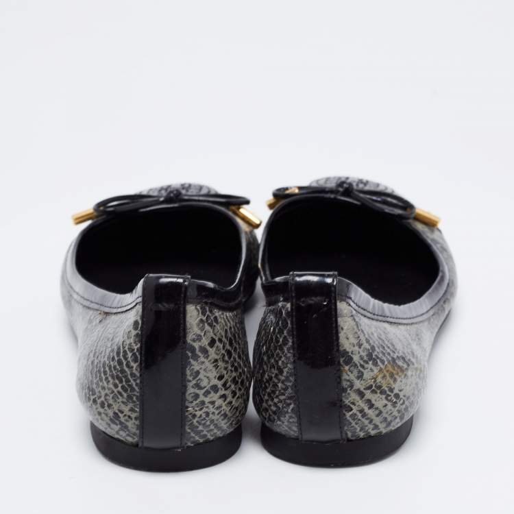 Pre Owned Tory Burch Black/Grey Patent Leather and Embossed Snakeskin Verbena Tribal Ballet Flats Size 37