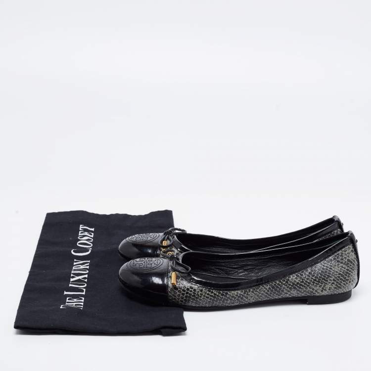 Pre Owned Tory Burch Black/Grey Patent Leather and Embossed Snakeskin Verbena Tribal Ballet Flats Size 37