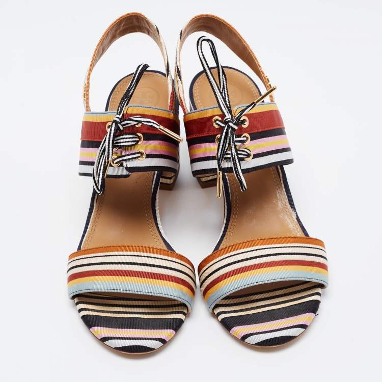 Pre Owned Tory Burch Multicolor Canvas Block Heel Slingback Sandals Size 39