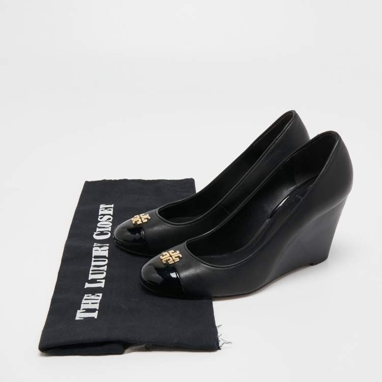 Pre Owned Tory Burch Black Leather and Patent Cap Toe Reva Wedge Pumps Size 37