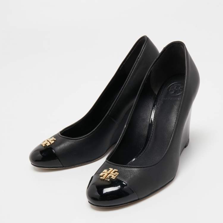 Pre Owned Tory Burch Black Leather and Patent Cap Toe Reva Wedge Pumps Size 37