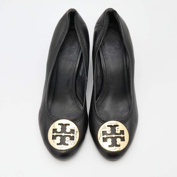 Pre Owned Tory Burch Black Leather Sally Wedge Pumps Size 37