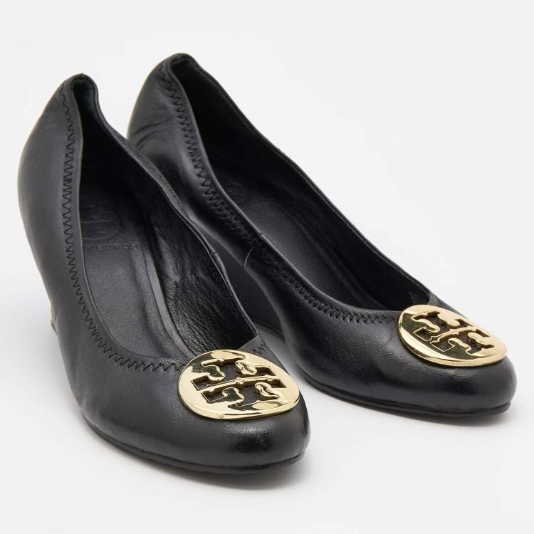 Pre Owned Tory Burch Black Leather Sally Wedge Pumps Size 37