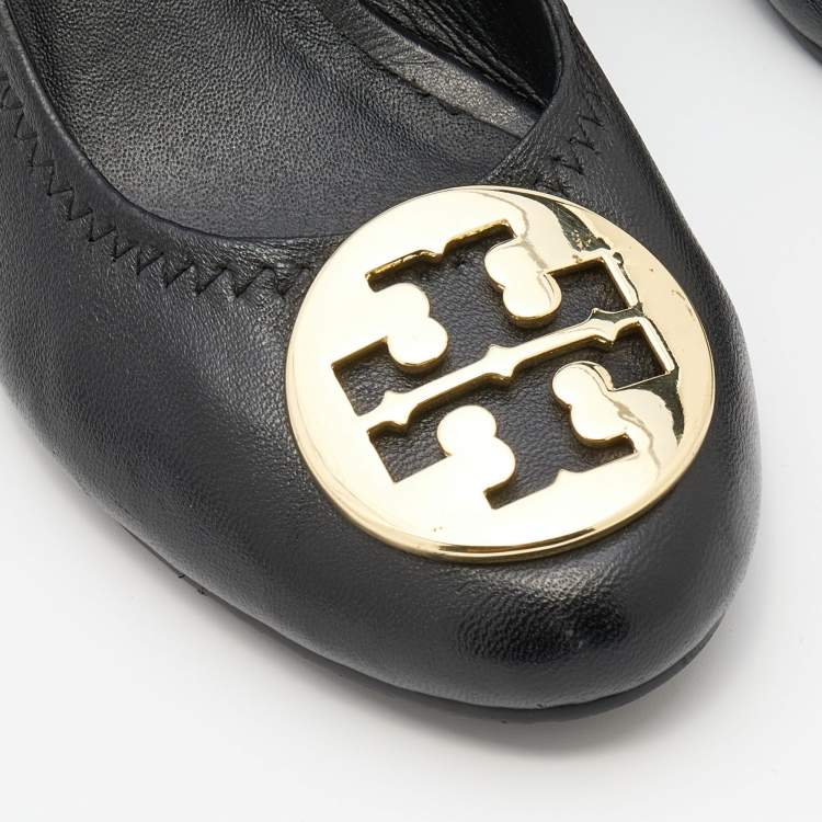 Pre Owned Tory Burch Black Leather Sally Wedge Pumps Size 37