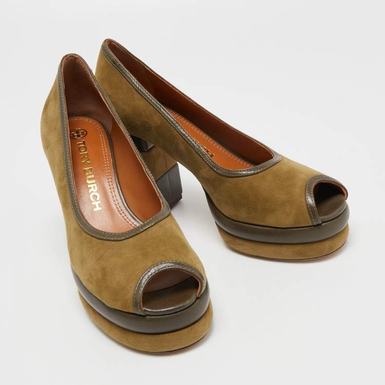 مملوكة مسبقًا Tory Burch Green Suede and Leather Platform Pumps Size 38.5