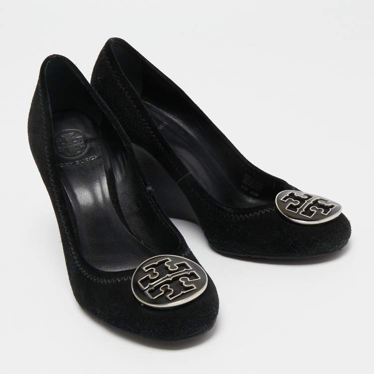 Pre Owned Tory Burch Black Suede Wedge Pumps Size 37.5