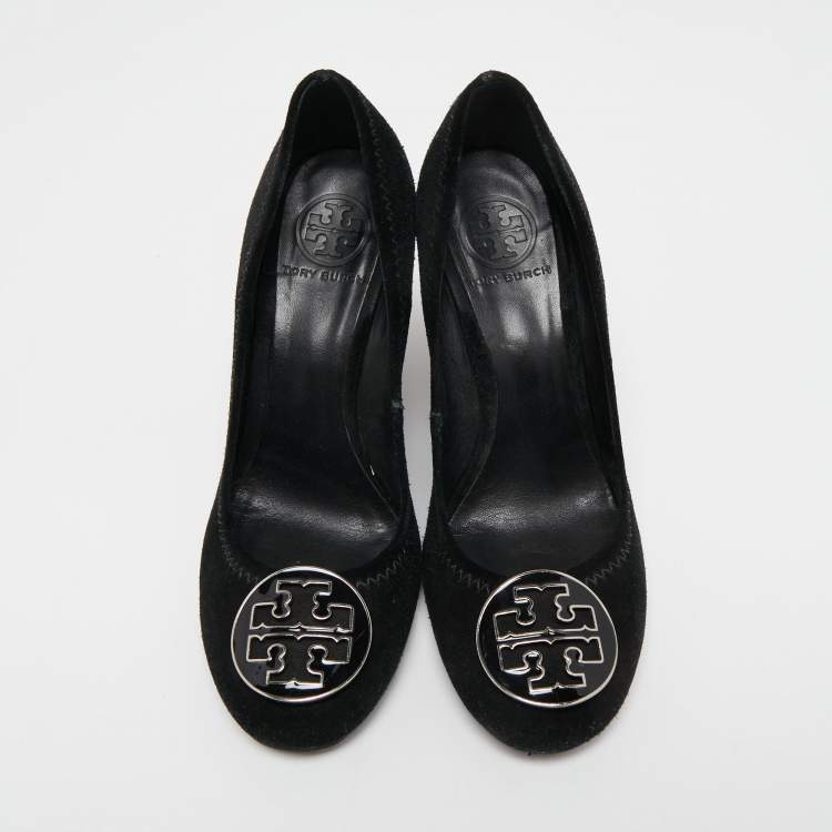 Pre Owned Tory Burch Black Suede Wedge Pumps Size 37.5