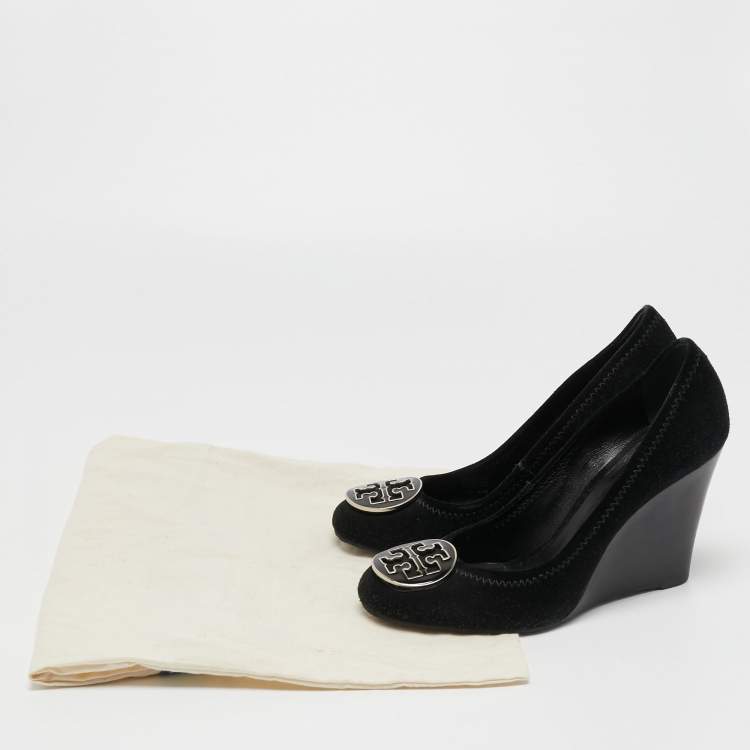 Pre Owned Tory Burch Black Suede Wedge Pumps Size 37.5
