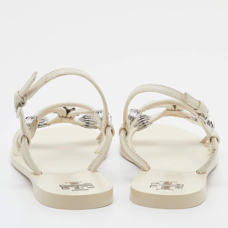 Pre Owned Tory Burch Off White Leather Embellished Flat Sandals Size 35
