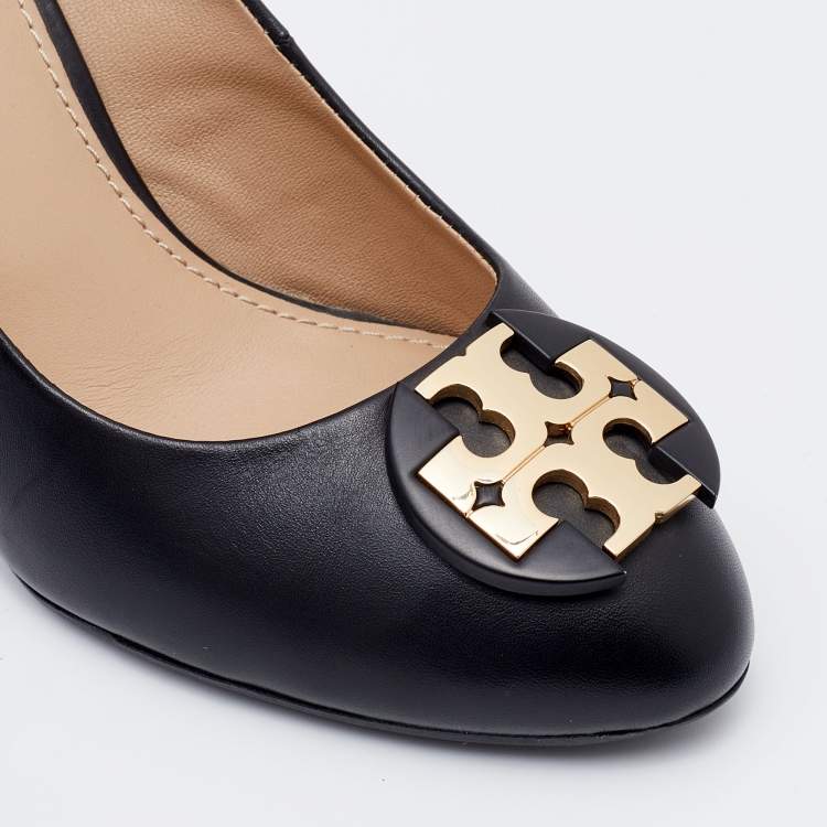 Pre Owned Tory Burch Black Leather Wedge Pumps Size 35