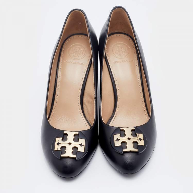 Pre Owned Tory Burch Black Leather Wedge Pumps Size 35