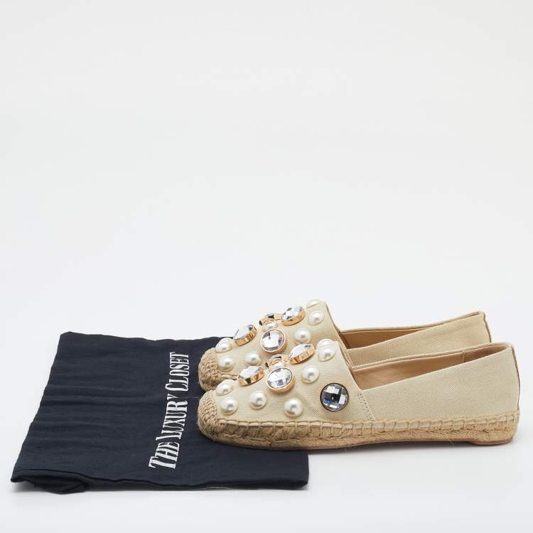 مملوكة مسبقًا Tory Burch Light Beige Canvas Embellished Espadrille Flats Size 35