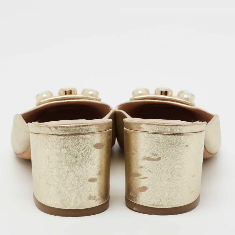 Pre Owned Tory Burch Gold Leather Vail Block Heel Mules Size 38.5