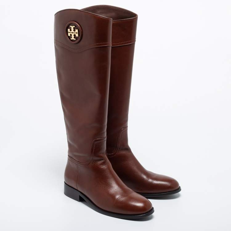 Pre Owned Tory Burch Brown Leather Knee Length Boots Size 38