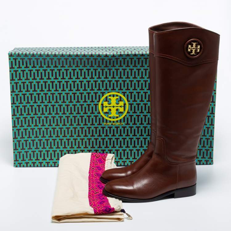 Pre Owned Tory Burch Brown Leather Knee Length Boots Size 38