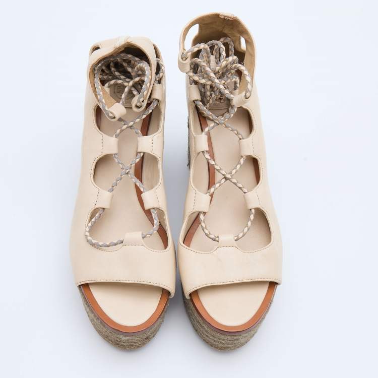 Pre Owned Tory Burch Beige Leather Positano Wedge Espadrille Ankle Wrap Pumps Size 39