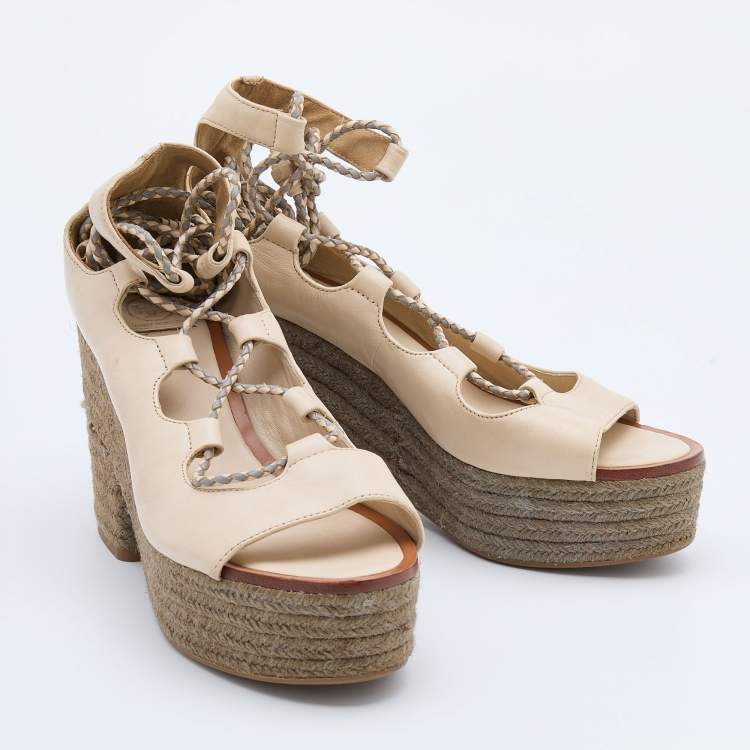 Pre Owned Tory Burch Beige Leather Positano Wedge Espadrille Ankle Wrap Pumps Size 39