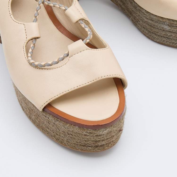 Pre Owned Tory Burch Beige Leather Positano Wedge Espadrille Ankle Wrap Pumps Size 39