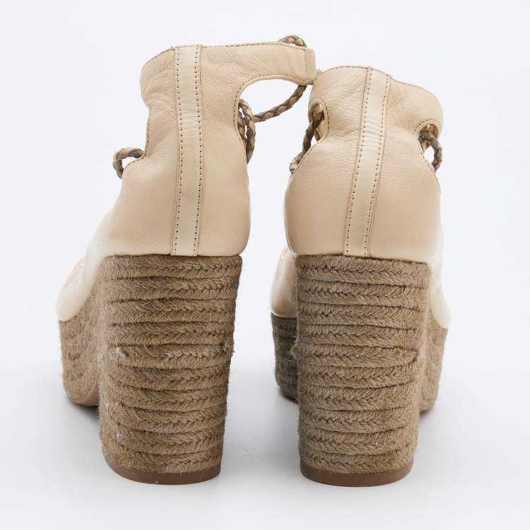 Pre Owned Tory Burch Beige Leather Positano Wedge Espadrille Ankle Wrap Pumps Size 39