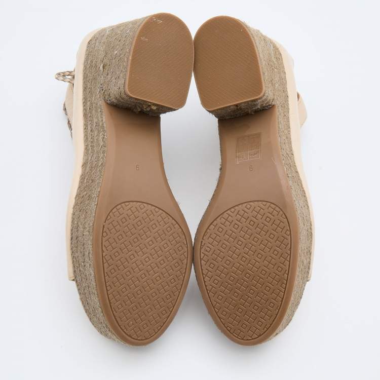 Pre Owned Tory Burch Beige Leather Positano Wedge Espadrille Ankle Wrap Pumps Size 39