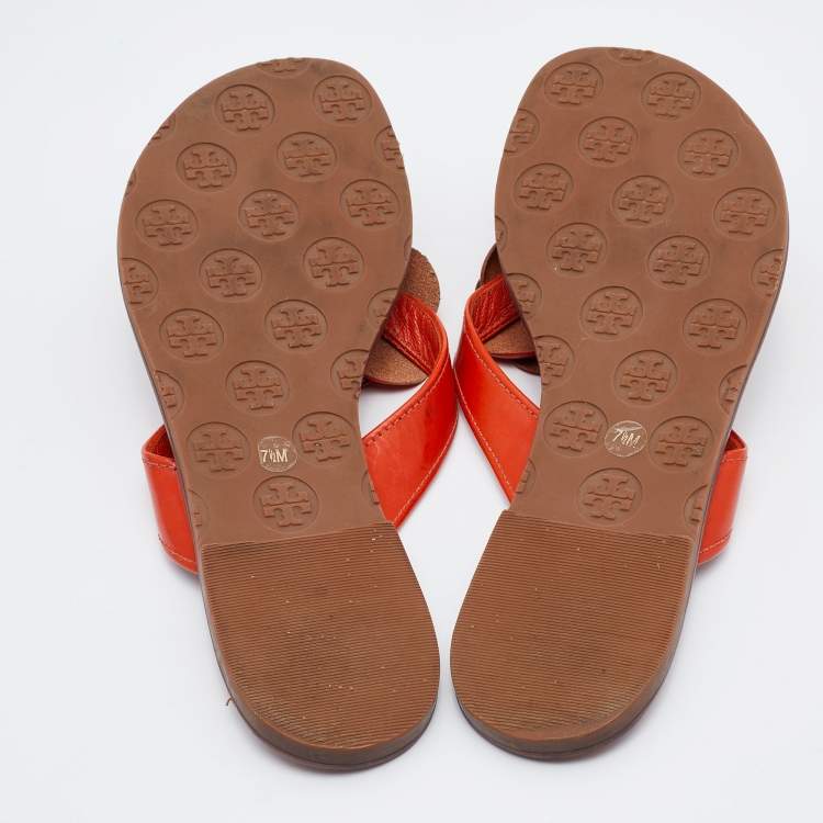 مملوكة مسبقًا Tory Burch Orange Leather Breely Flower Thong Flats Size 38