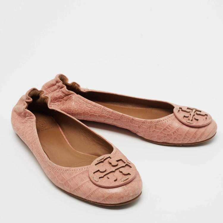 Pre Owned Tory Burch Beige Croc Embossed Leather Reva Ballet Flats Size 39