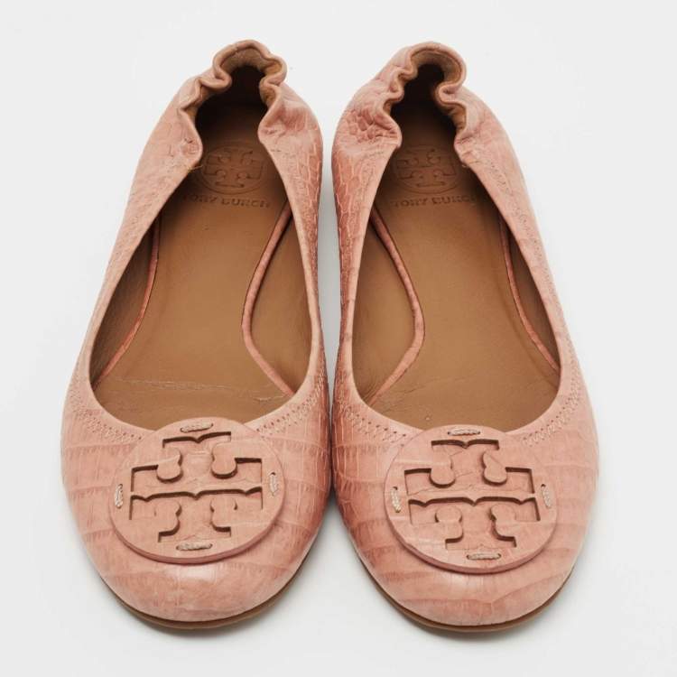 Pre Owned Tory Burch Beige Croc Embossed Leather Reva Ballet Flats Size 39