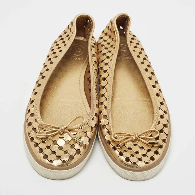 Pre Owned Tory Burch Metallic Gold Leather Cut Out Ballet Flats Size 38