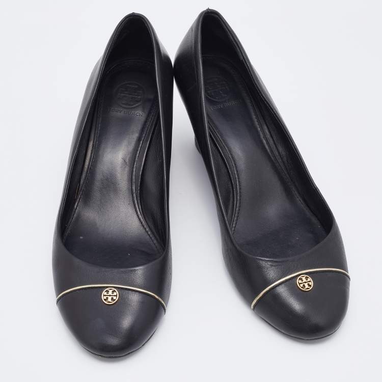 Pre Owned Tory Burch Black Leather Cap Toe Wedge Pumps Size 40
