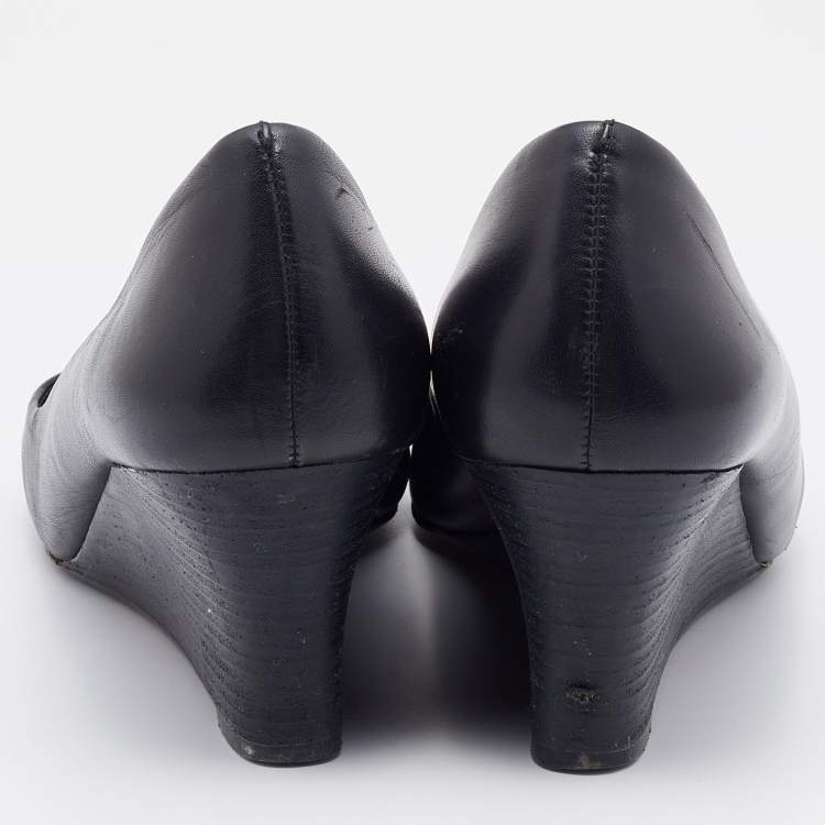 Pre Owned Tory Burch Black Leather Cap Toe Wedge Pumps Size 40