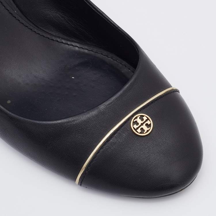 Pre Owned Tory Burch Black Leather Cap Toe Wedge Pumps Size 40