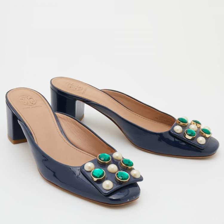 Pre Owned Tory Burch Navy Blue Patent Leather Embellished Block Heel Mules Size 38.5