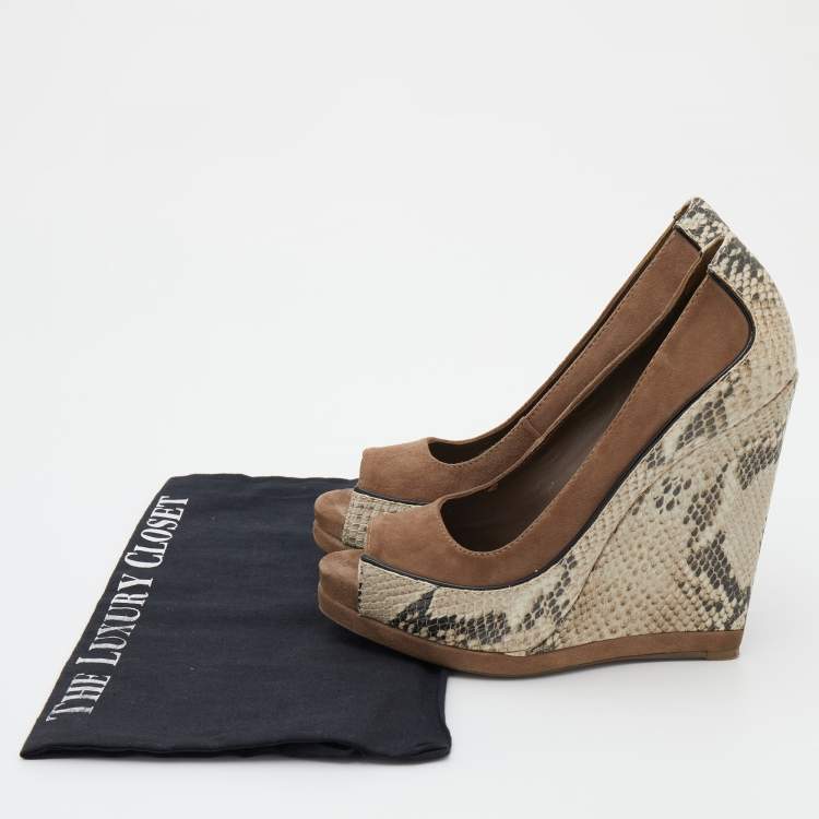 Pre Owned Tory Burch Brown Suede and Python Embossed Leather Sandra Wedge Pumps Size 38