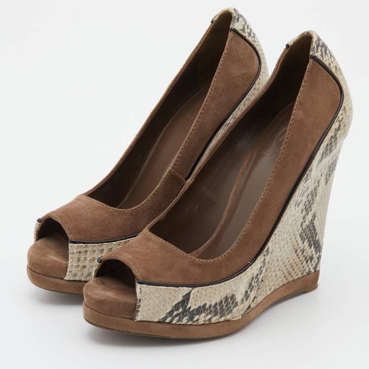 Pre Owned Tory Burch Brown Suede and Python Embossed Leather Sandra Wedge Pumps Size 38
