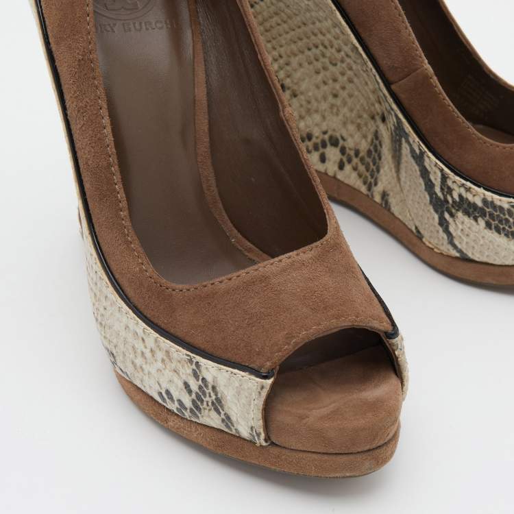 Pre Owned Tory Burch Brown Suede and Python Embossed Leather Sandra Wedge Pumps Size 38