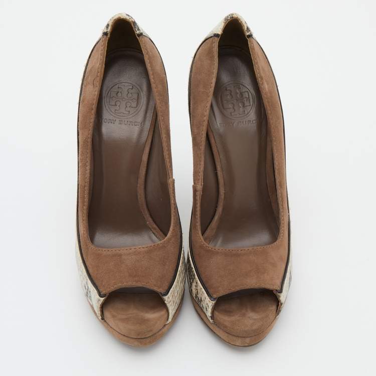 Pre Owned Tory Burch Brown Suede and Python Embossed Leather Sandra Wedge Pumps Size 38