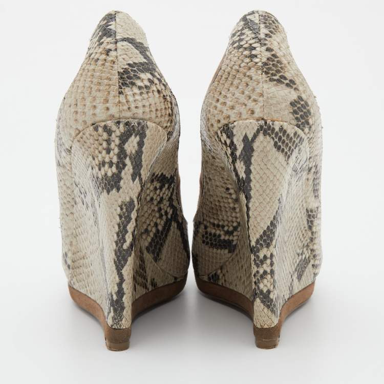 Pre Owned Tory Burch Brown Suede and Python Embossed Leather Sandra Wedge Pumps Size 38