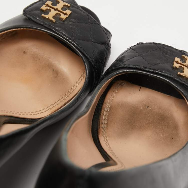 مملوكة مسبقًا Tory Burch Black Leather Leila Peep Toe Wedge Pumps Size 38.5