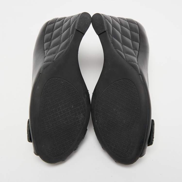 م�ملوكة مسبقًا Tory Burch Black Leather Leila Peep Toe Wedge Pumps Size 38.5