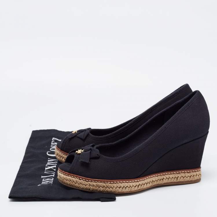 Pre Owned Tory Burch Black  Canvas Jackie Wedge Espadrille Pumps Size 38.5