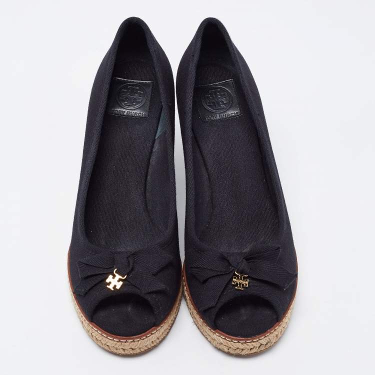 Pre Owned Tory Burch Black  Canvas Jackie Wedge Espadrille Pumps Size 38.5
