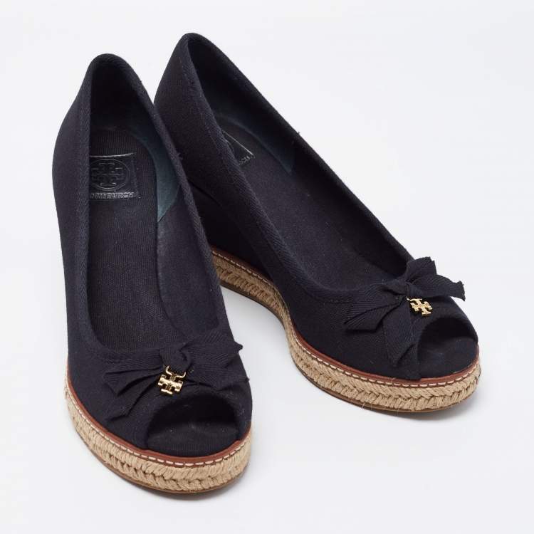 Pre Owned Tory Burch Black  Canvas Jackie Wedge Espadrille Pumps Size 38.5