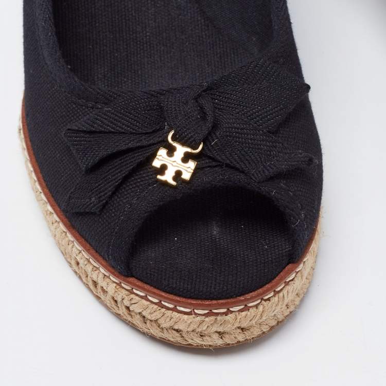 Pre Owned Tory Burch Black  Canvas Jackie Wedge Espadrille Pumps Size 38.5