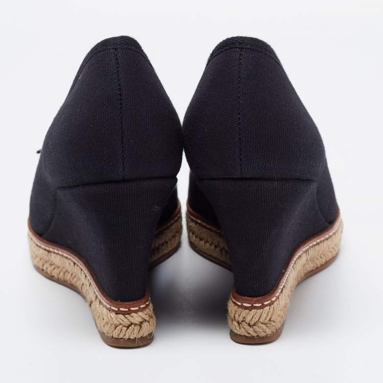 Pre Owned Tory Burch Black  Canvas Jackie Wedge Espadrille Pumps Size 38.5