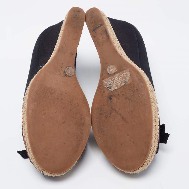 Pre Owned Tory Burch Black  Canvas Jackie Wedge Espadrille Pumps Size 38.5