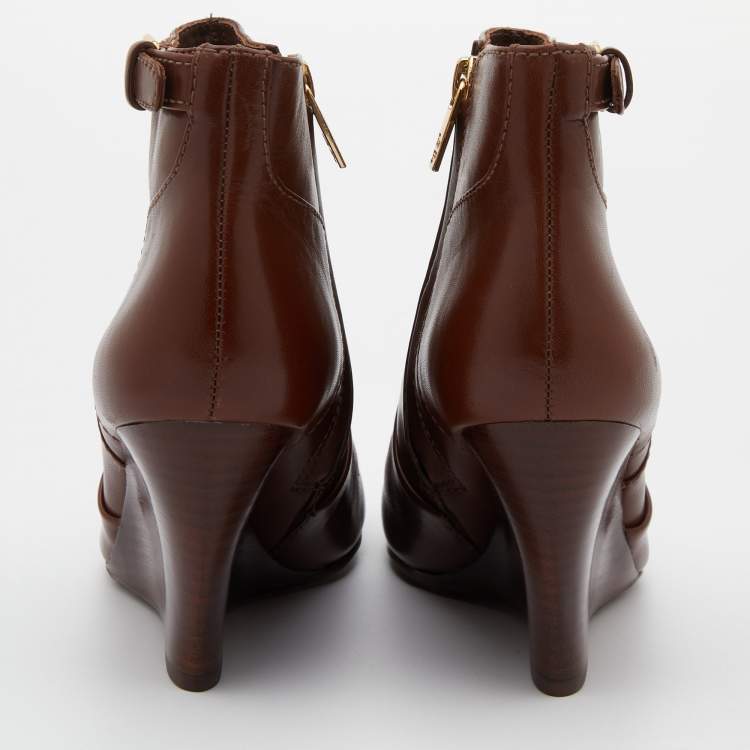 Pre Owned Tory Burch Dark Brown Leather Ankle Length Wedge Boots Size 37