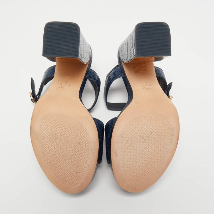 Pre Owned Tory Burch Navy Blue Croc Embossed Leather  Maritine Platform Sandals Size 37.5