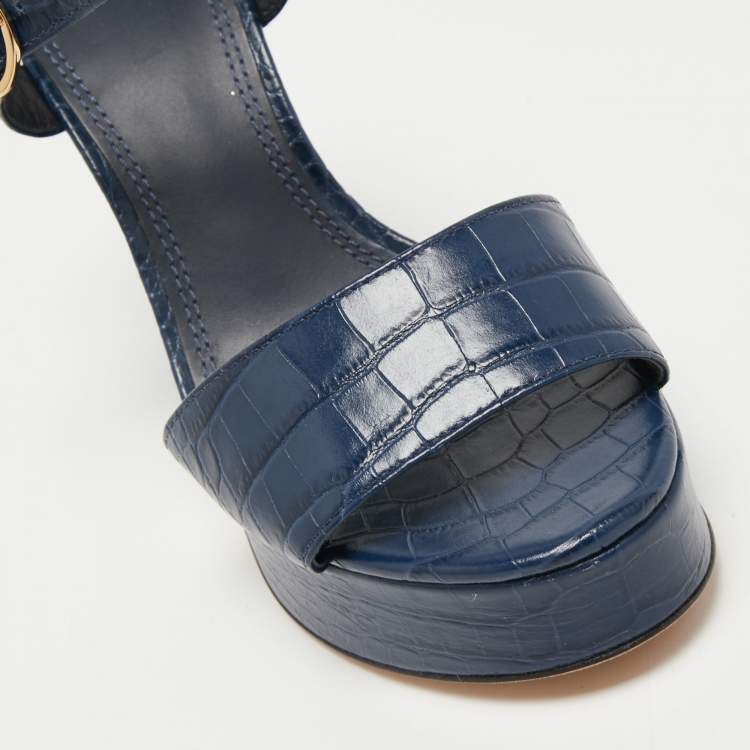 Pre Owned Tory Burch Navy Blue Croc Embossed Leather  Maritine Platform Sandals Size 37.5