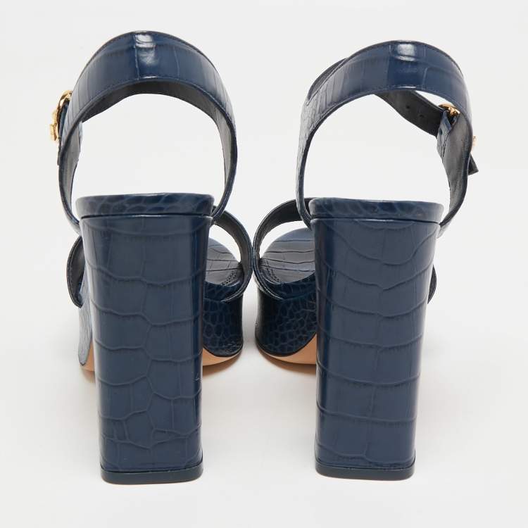Pre Owned Tory Burch Navy Blue Croc Embossed Leather  Maritine Platform Sandals Size 37.5