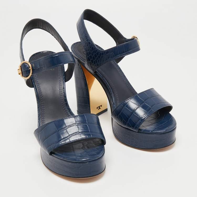 Pre Owned Tory Burch Navy Blue Croc Embossed Leather  Maritine Platform Sandals Size 37.5